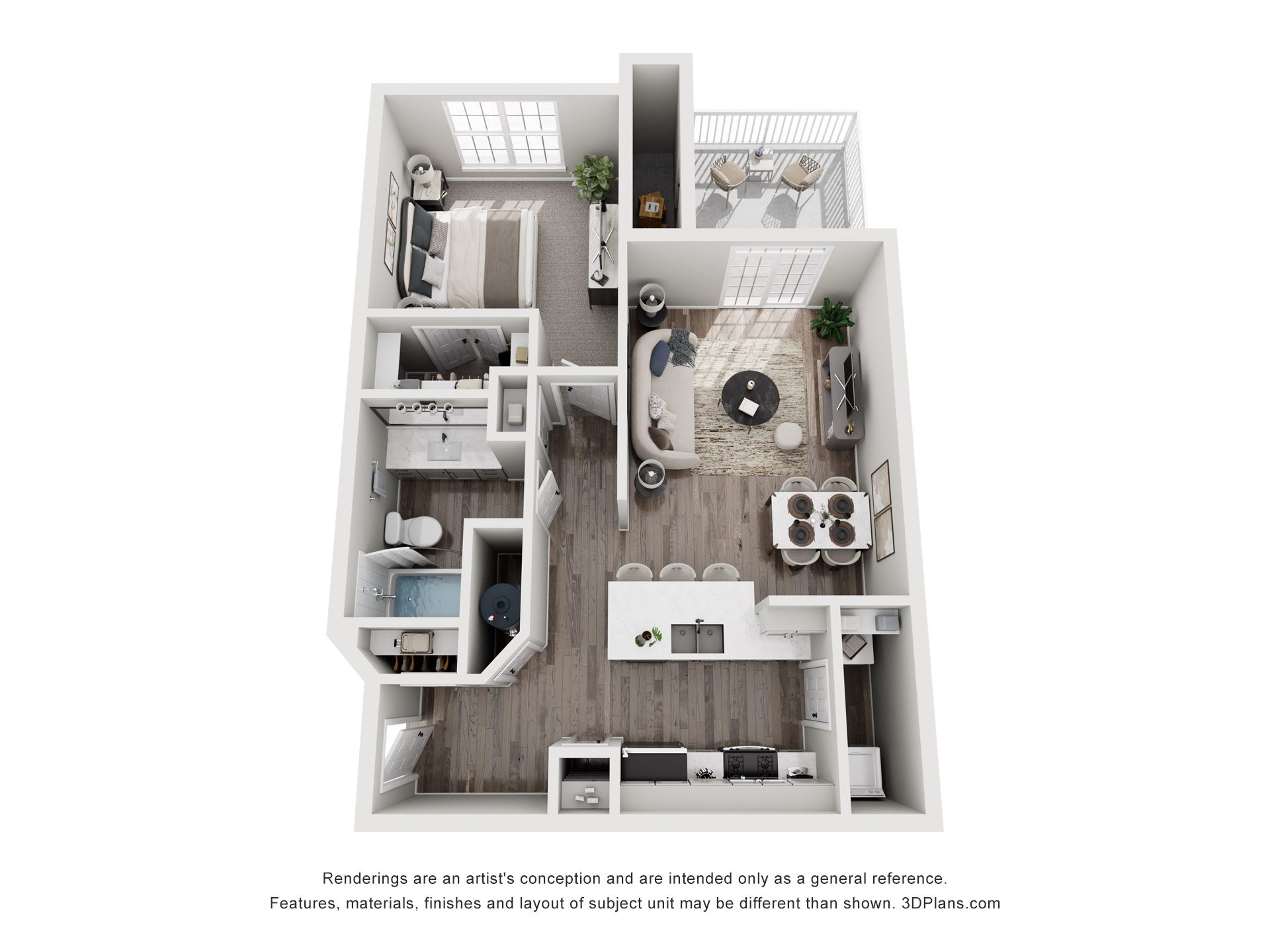 Floor plan for 1 bed, 1 bath, 694 sqft